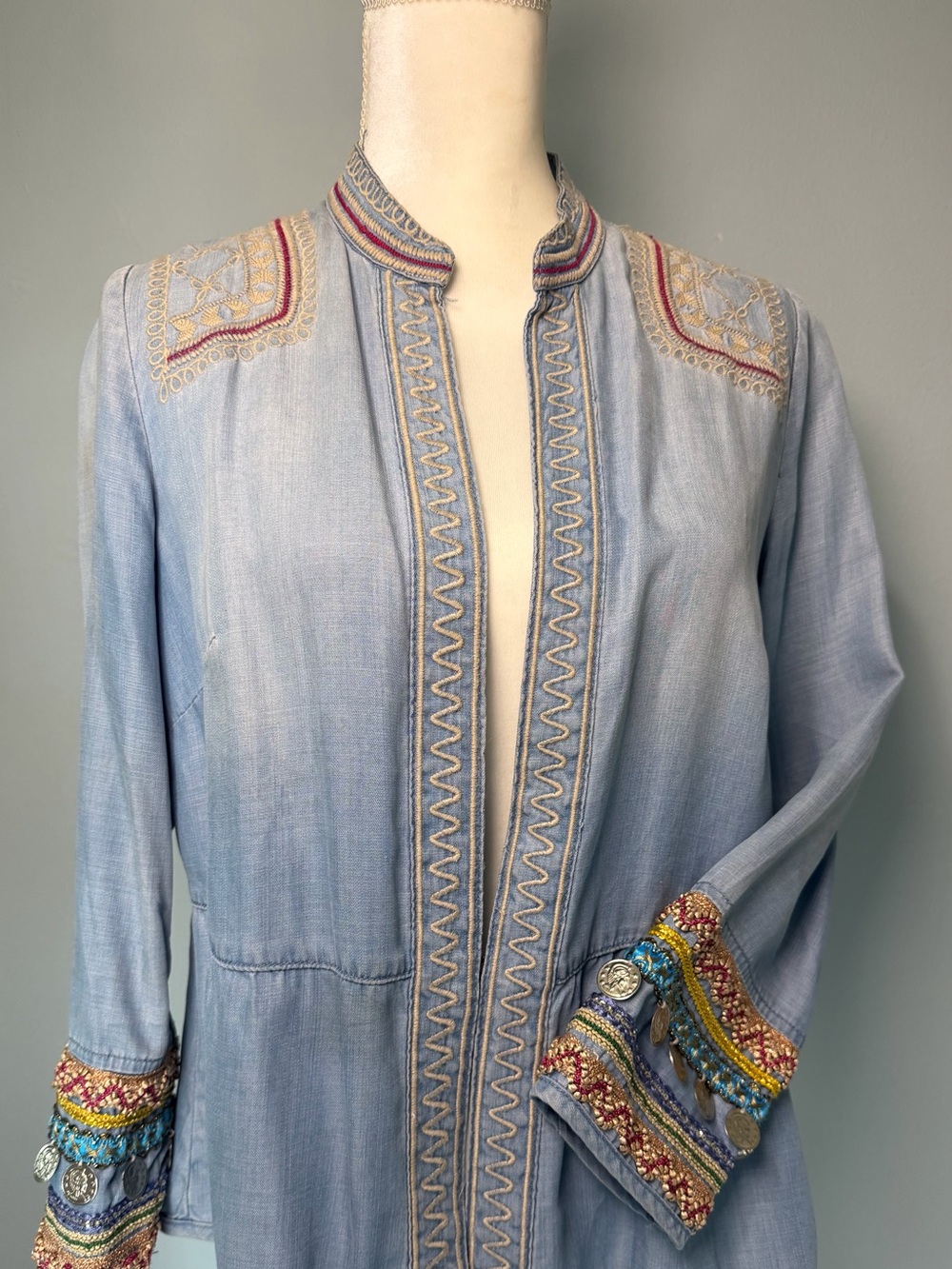 Chico's Light Blue Embroidered Denim Jacket with Beaded Coin Cuffs